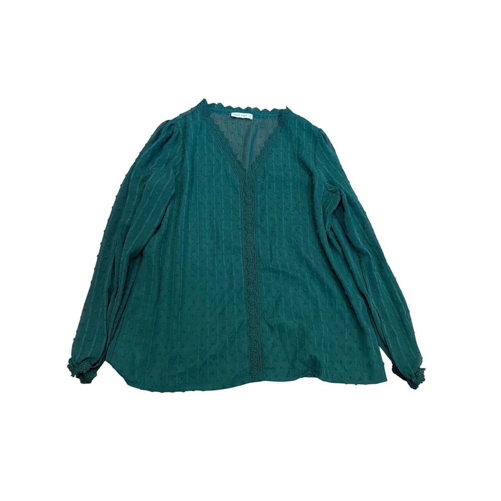 Grace Karin Forest Green Swiss Dot Lace Trim V-Neck Blouse XL